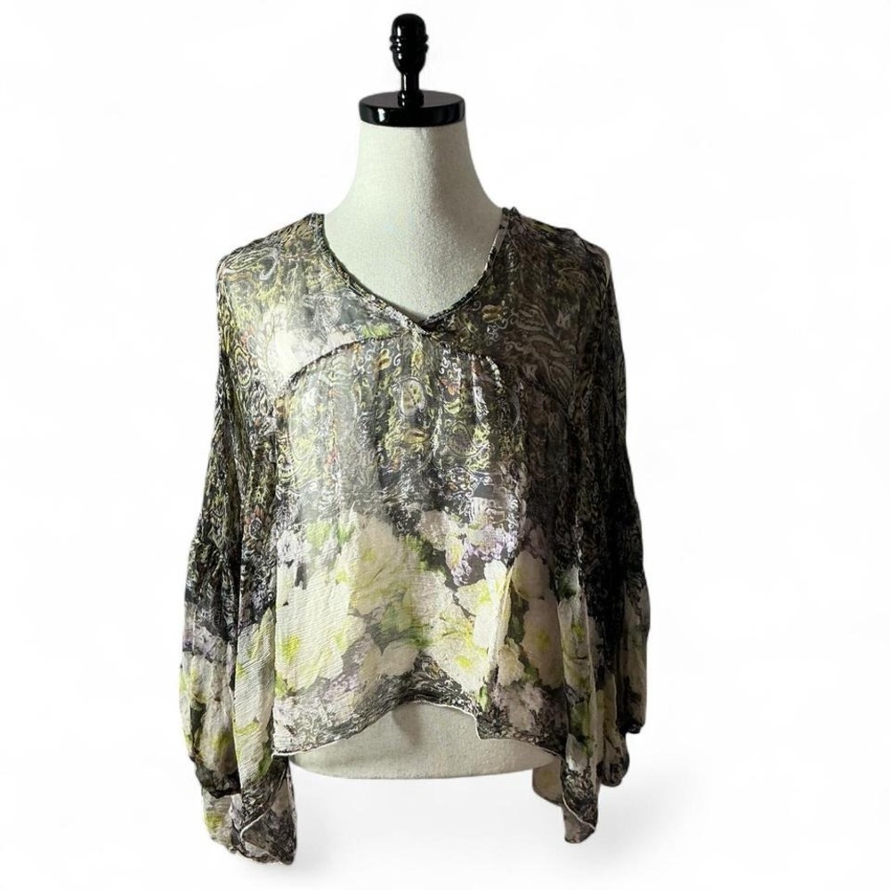 Tempo Paris Silk Sheer Floral Boho Peasant Blouse Flowy Lightweight Layering Top